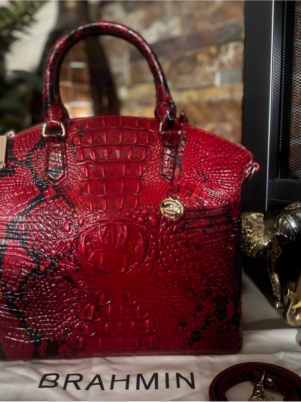 Brahmin Red and Black Croc-Embossed Satchel. Approx: 14.2" W X 12" H X 5" D - Picture 5 of 7